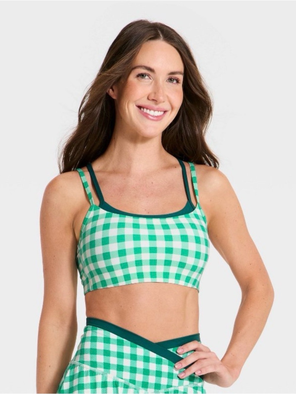 All In Motion Light Support Layered Sports Bra Green Gingham Size 1X